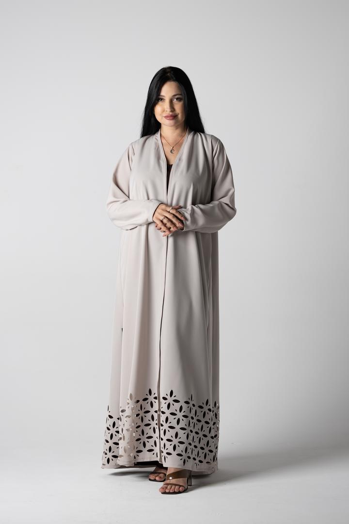 Qamra Layl taupe crepe abaya with cut-out hem