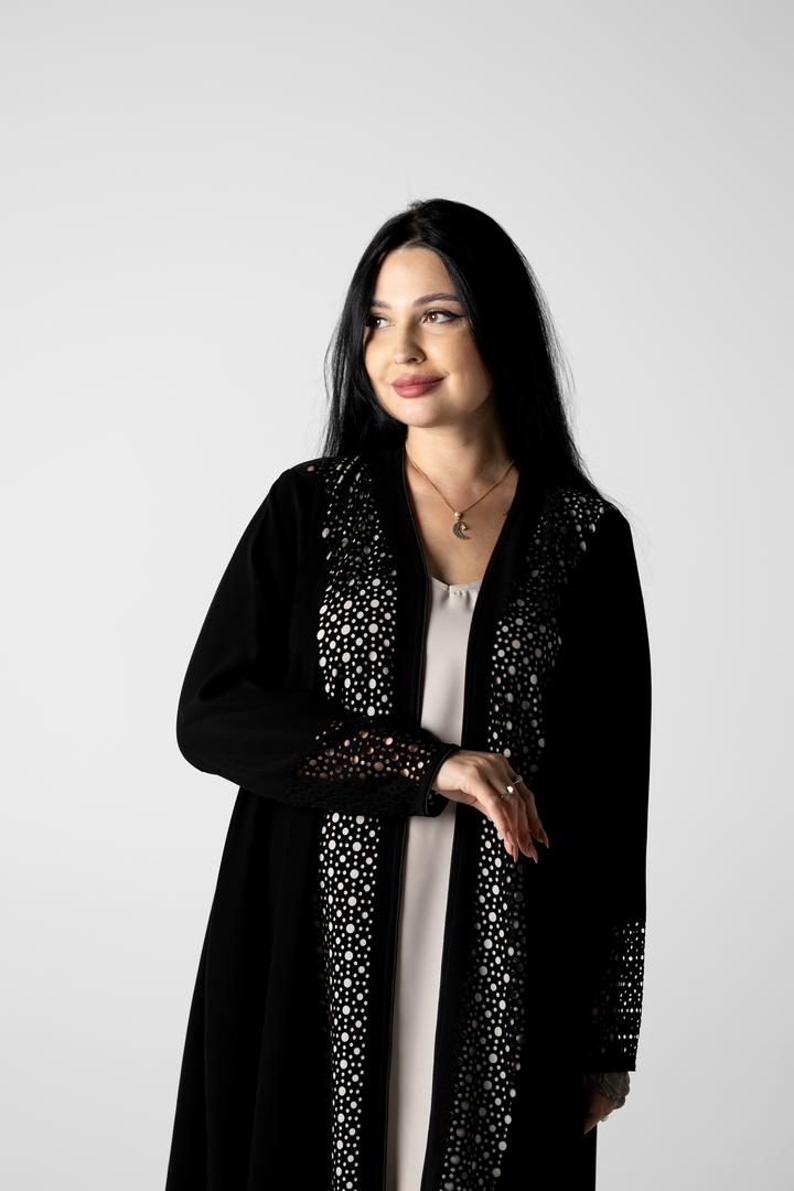 Qamra Layl black crepe abaya with studwork
